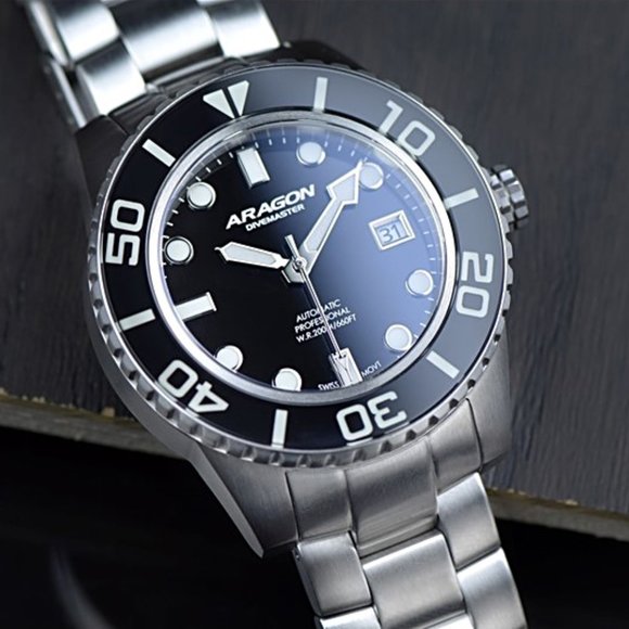 ARAGON Watch Swiss Automatic DiveMaster Sapphire Crystal & Bezel Black Dial 42mm - Picture 4 of 16